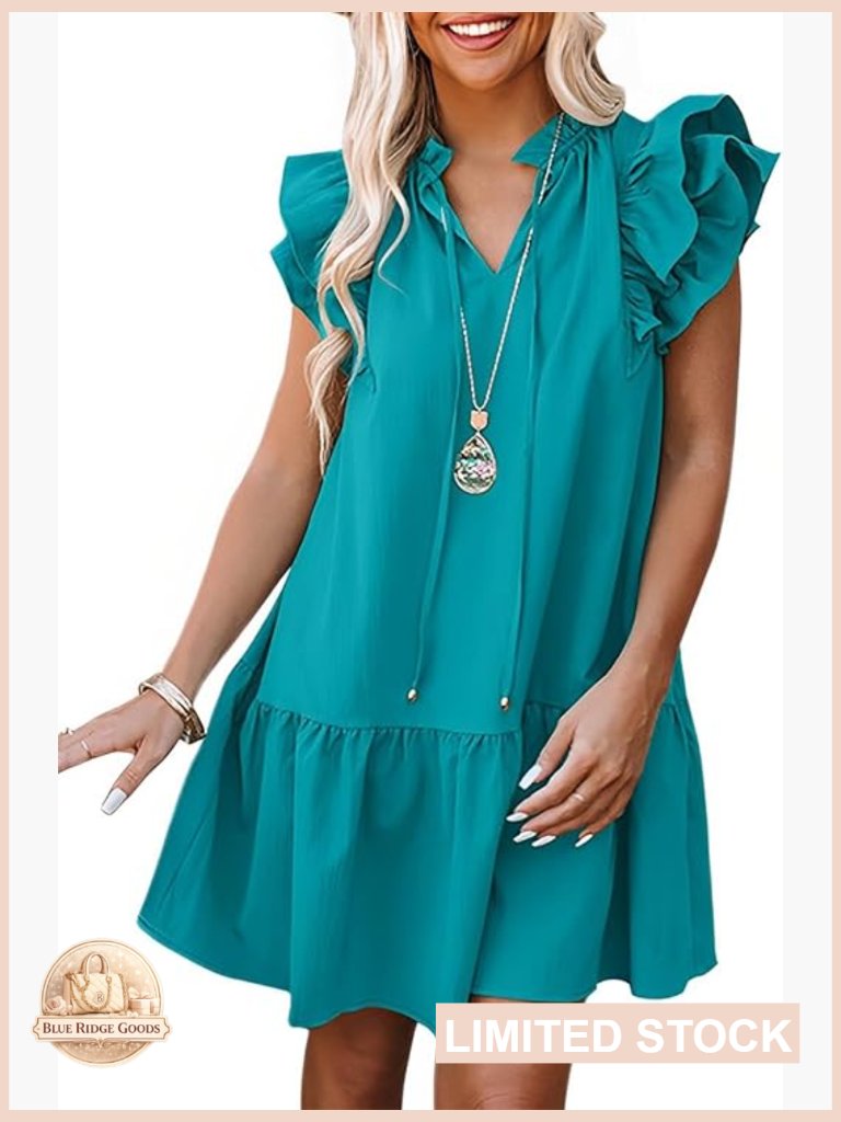 V-Neck Drawstring Ruffle Cap Sleeve Mini Sundress Side Pockets Casual Chic
